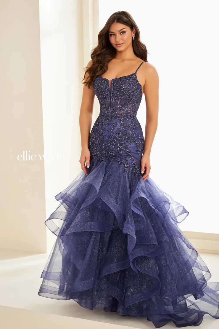 EW37207 Trumpet Prom Dress w/ Tiered Ruffles & Low Back #4 Dusk frontface vertical picture