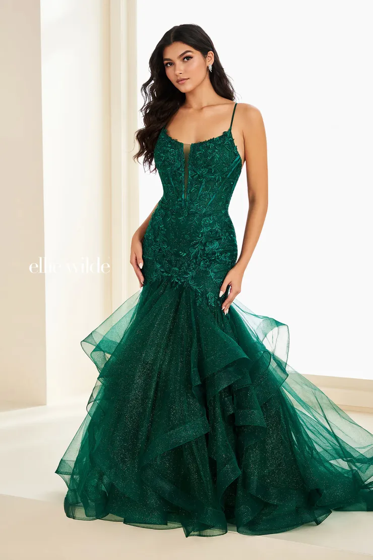 EW37207 Trumpet Prom Dress w/ Tiered Ruffles & Low Back #5 Emerald frontface vertical picture