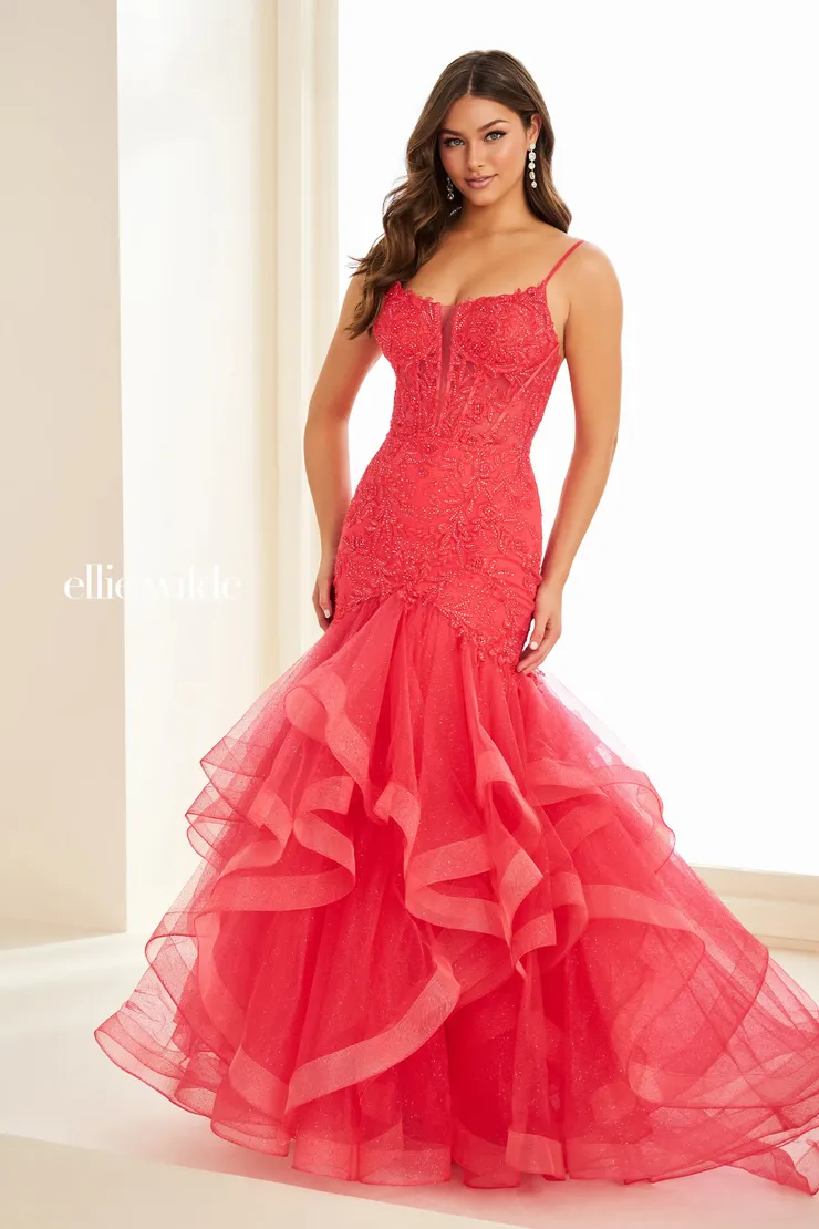 EW37207 Trumpet Prom Dress w/ Tiered Ruffles & Low Back #0 default Strawberry frontface vertical picture