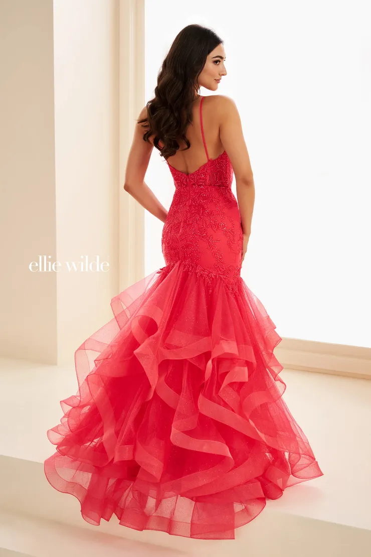 EW37207 Trumpet Prom Dress w/ Tiered Ruffles & Low Back #2 default Strawberry backface vertical picture