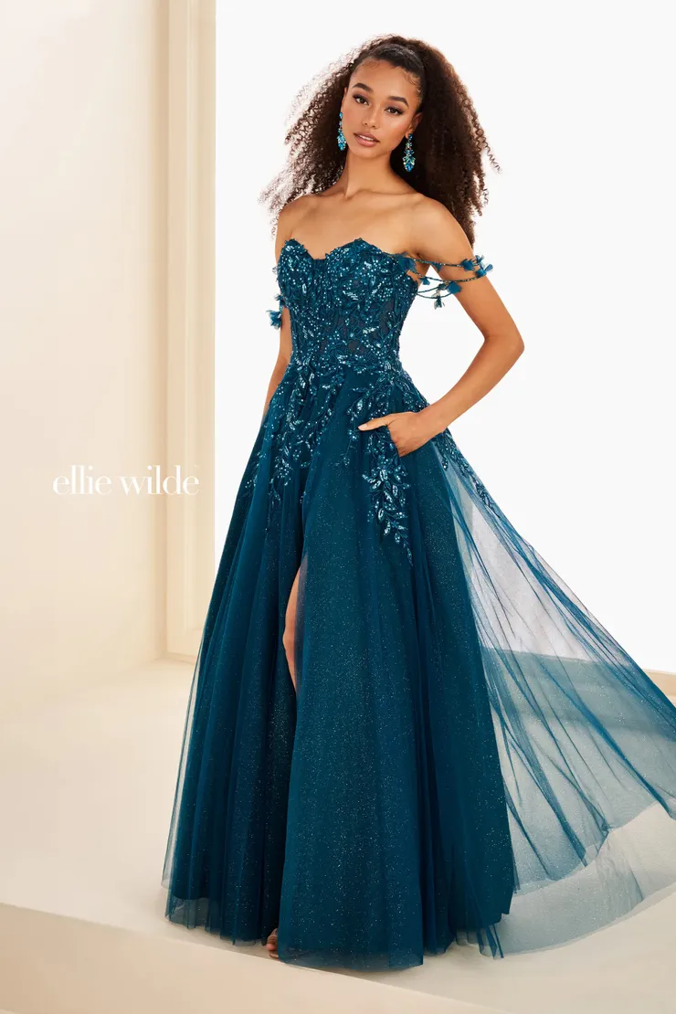 EW37208 A-Line Dress w/ 3D Flowers & Off-Shoulder Straps #0 default Teal frontface vertical picture