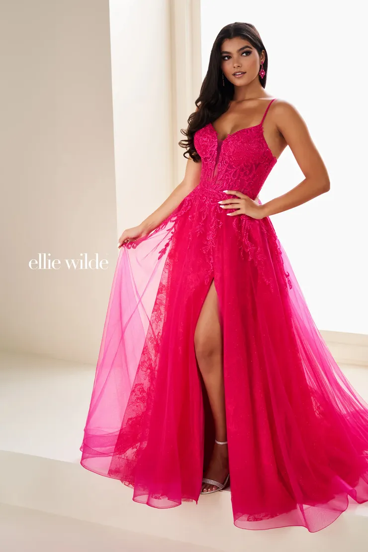 EW37210 A-Line Dress w/ Illusion Lace Neckline & Thigh-High Slit #6 Magenta frontface vertical picture