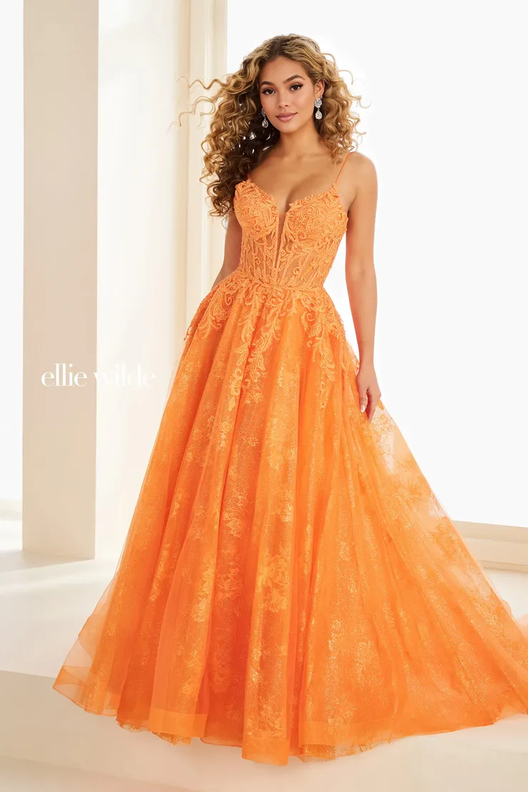 EW37210 A-Line Dress w/ Illusion Lace Neckline & Thigh-High Slit #3 Orange frontface vertical picture