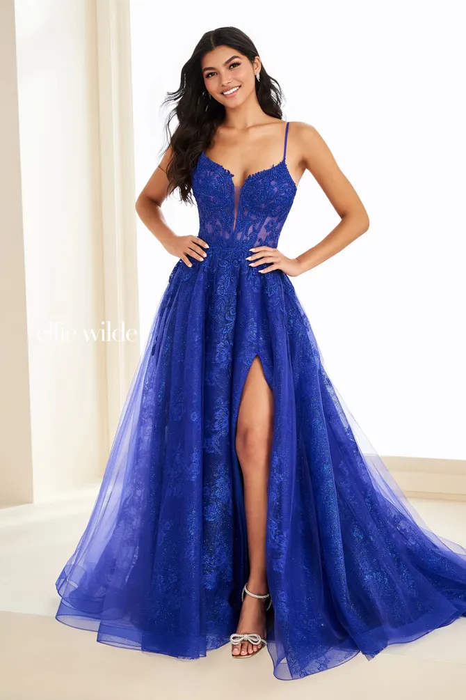 A-Line Prom Dress w/ Illusion Lace Neckline & Slit
