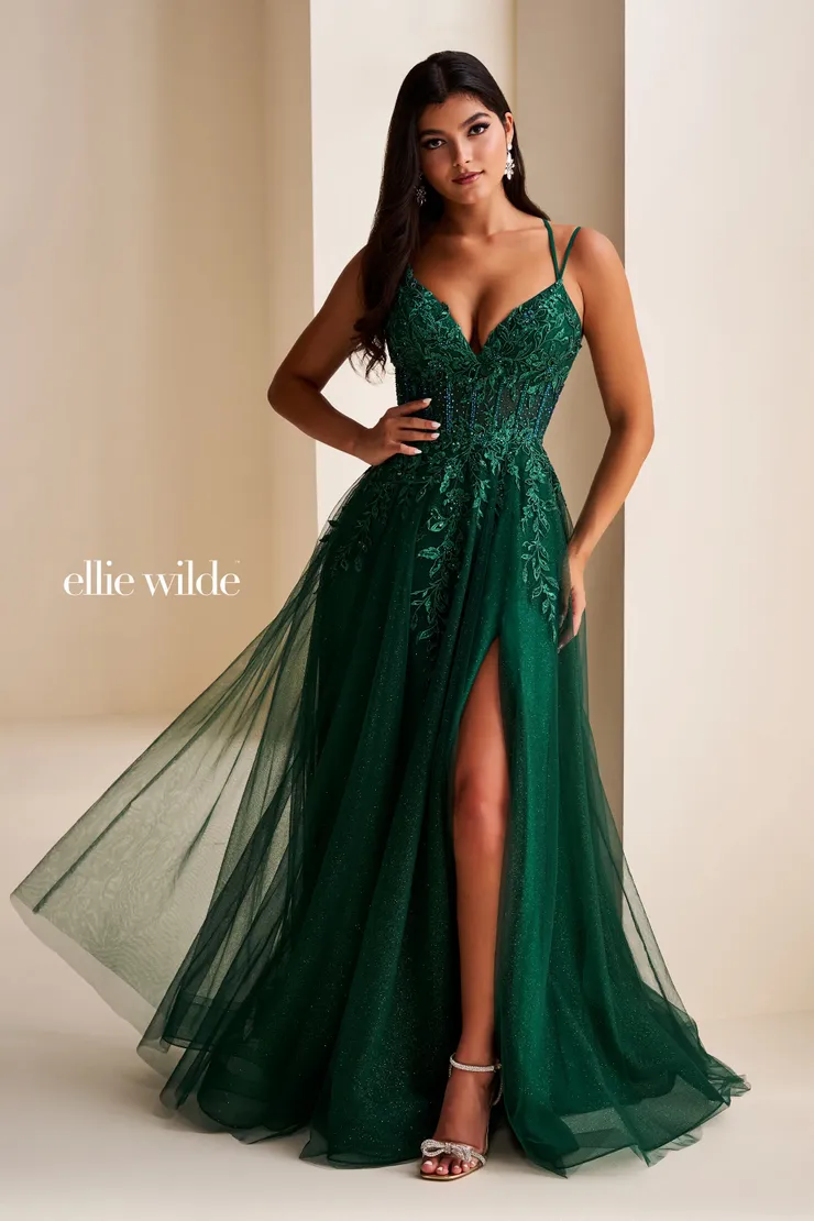 EW37212 A-line Prom Dress w/ Double Strap Racerback & Sparkle #6 Emerald frontface vertical picture