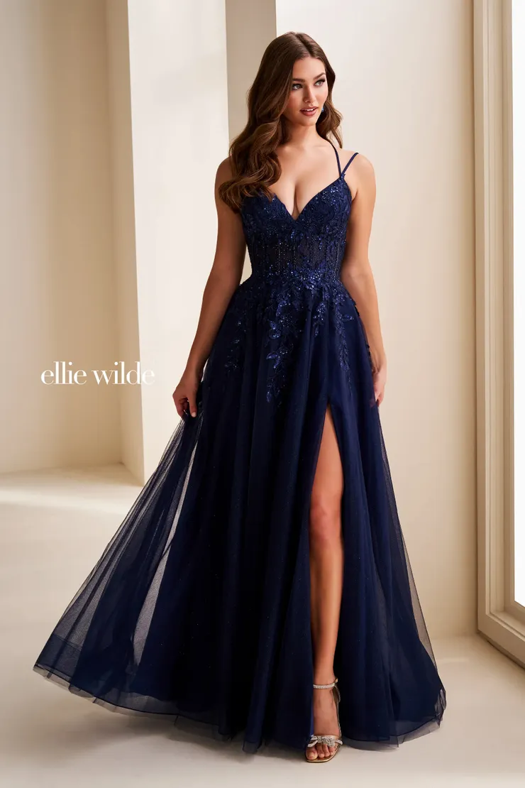 EW37212 A-line Prom Dress w/ Double Strap Racerback & Sparkle #3 Navy Blue frontface vertical picture