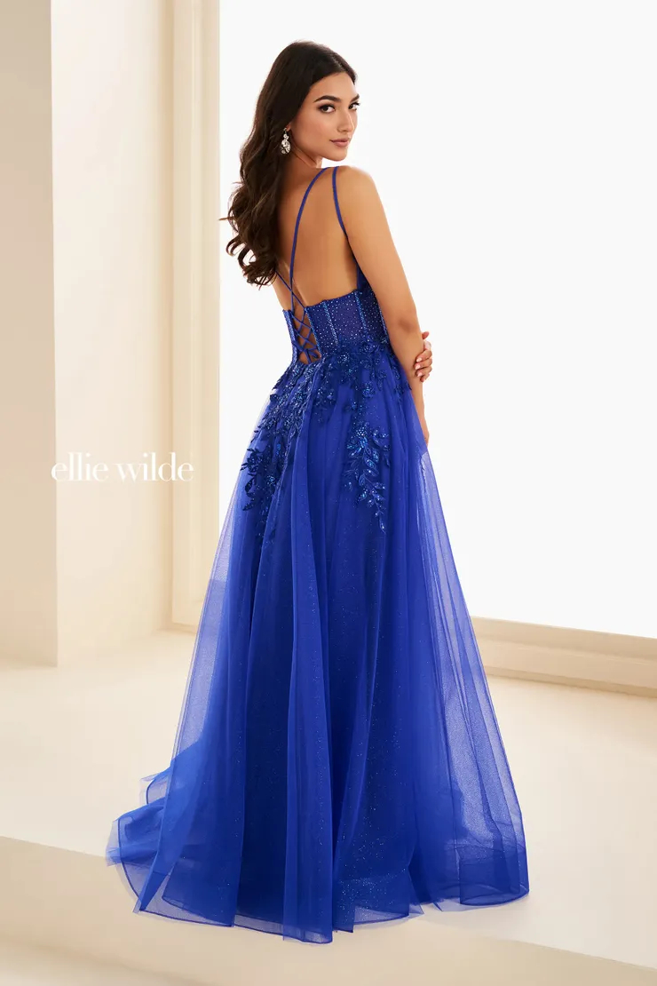 EW37212 A-line Prom Dress w/ Double Strap Racerback & Sparkle #2 default Royal Blue backface vertical picture