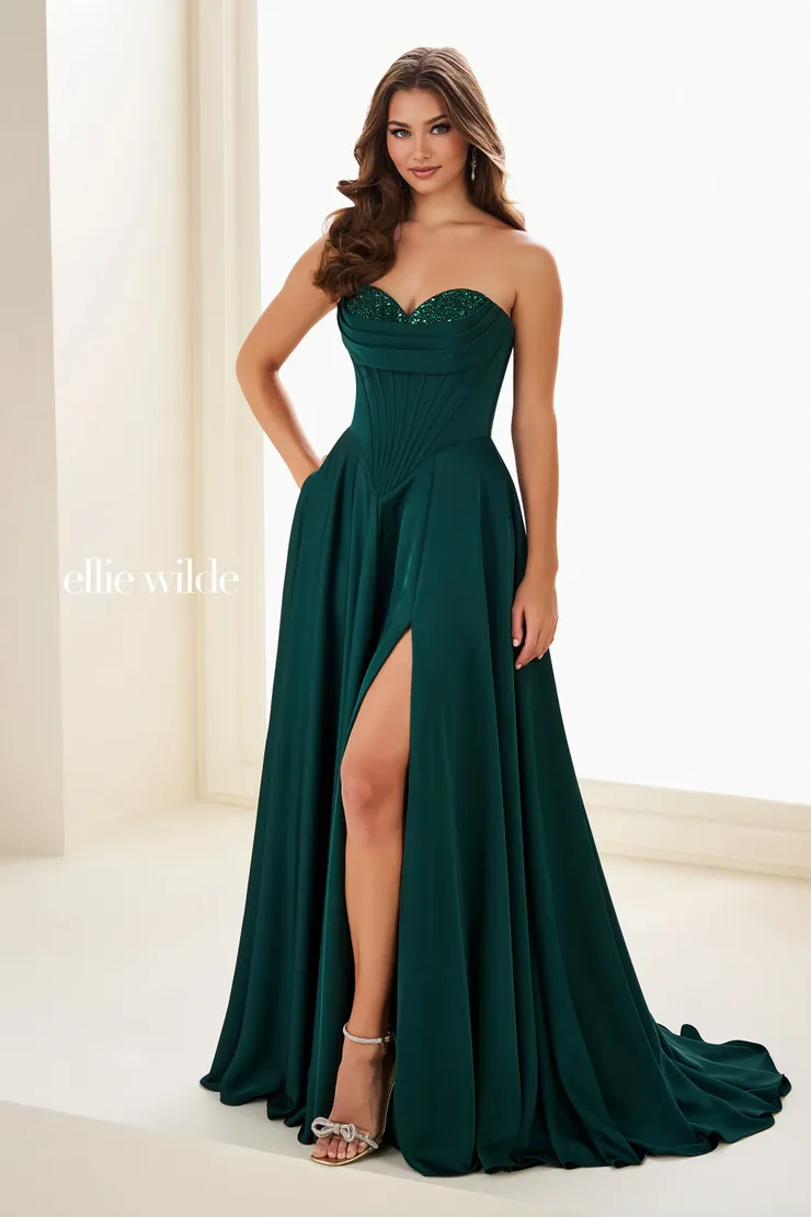 EW37213 A-Line Dress w/ Two-Tier Sweetheart Neckline #3 Forest Green frontface vertical picture