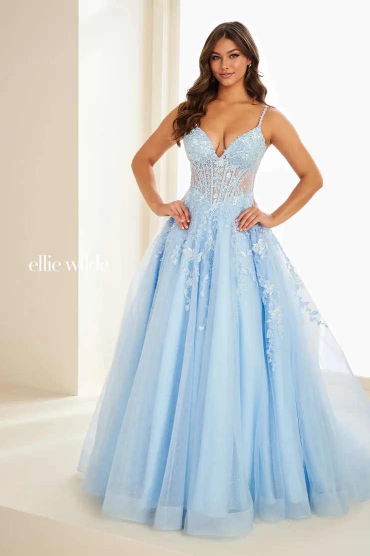 EW37218 A-Line Dress w/ Semi-Sheer Corset & Lace Appliqué #0 default Light Blue frontface vertical picture