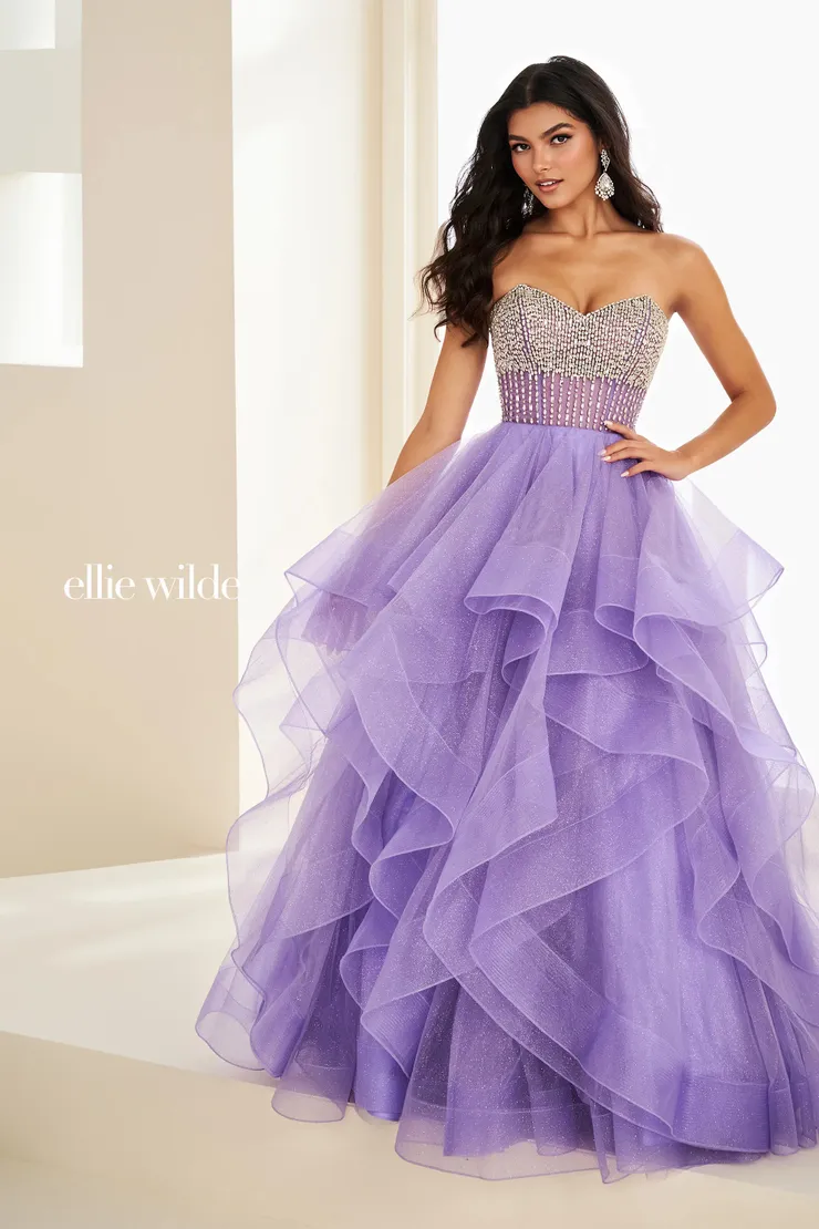 EW37221 Ball Gown w/ Stone Bodice & Layers of Glitter Tulle #0 default Lavender/Silver frontface vertical picture