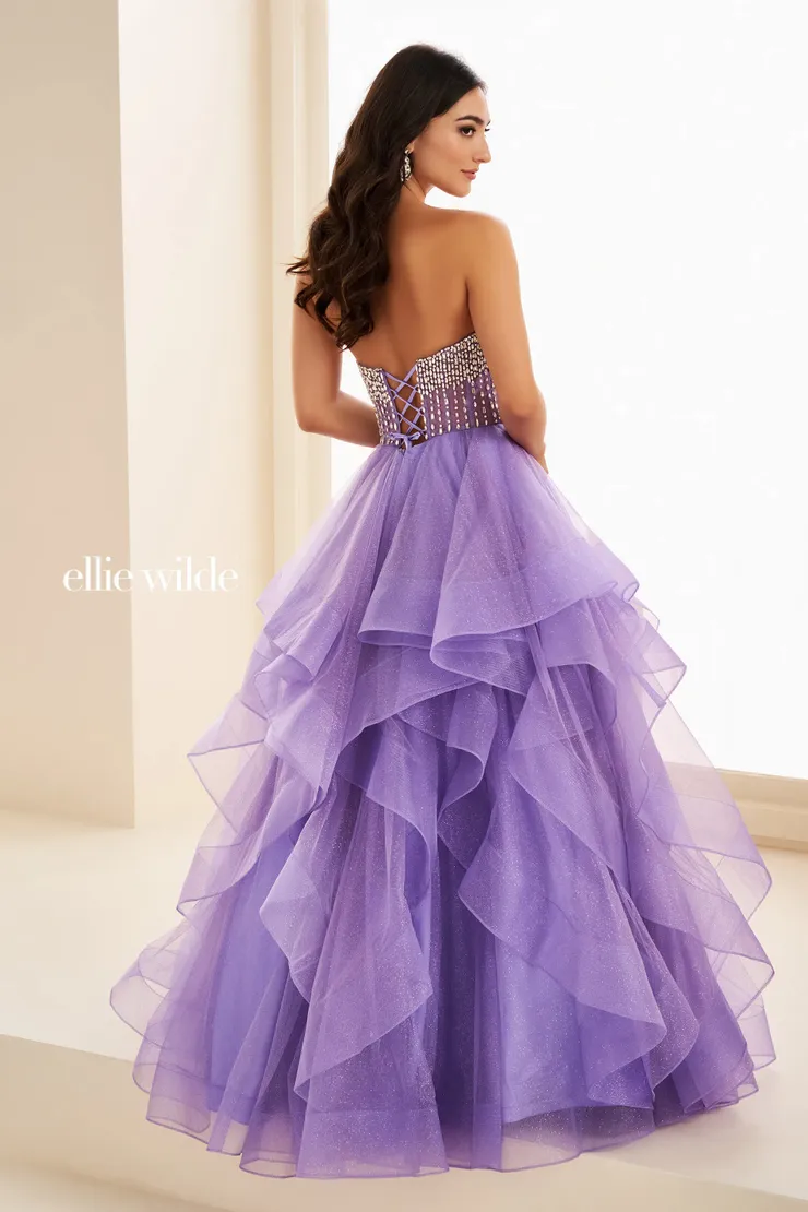 EW37221 Ball Gown w/ Stone Bodice & Layers of Glitter Tulle #2 default Lavender/Silver backface vertical picture