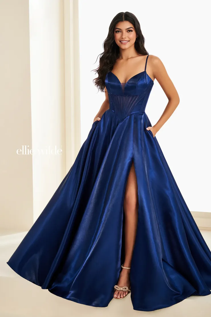 EW37226 Ball Gown Prom Dress w/ Slit & Illusion Neckline #0 default Navy Blue frontface vertical picture