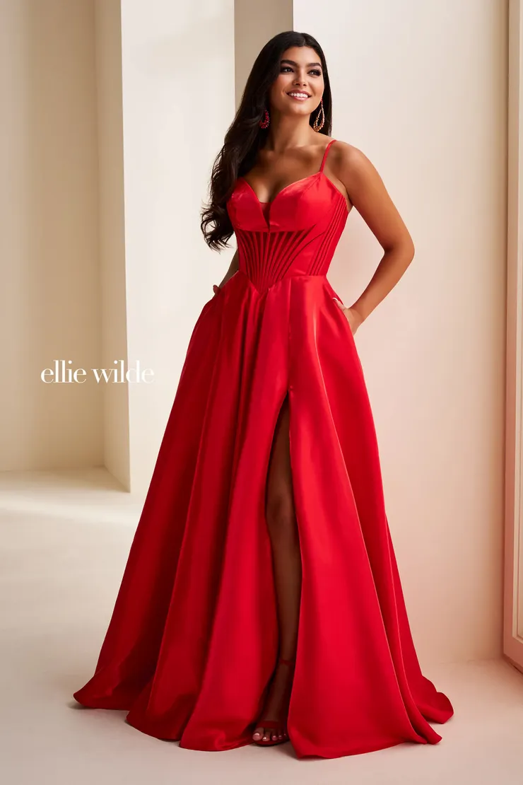EW37226 Ball Gown Prom Dress w/ Slit & Illusion Neckline #5 Red frontface vertical picture
