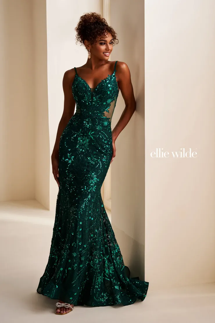 EW37227 Mermaid Prom Dress w/ Sheer Corset & Sides #3 Emerald frontface vertical picture