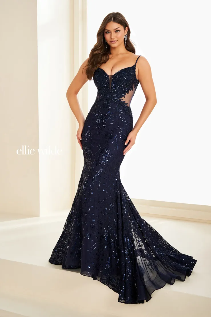 EW37227 Mermaid Prom Dress w/ Sheer Corset & Sides #0 default Navy Blue frontface vertical picture