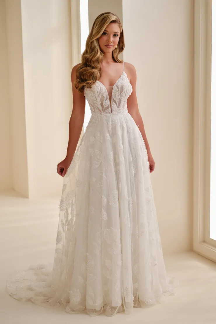 Plunging Illusion V-Neckline Wedding Dress w/ Open Back Style No. E622 Thumbnail Image