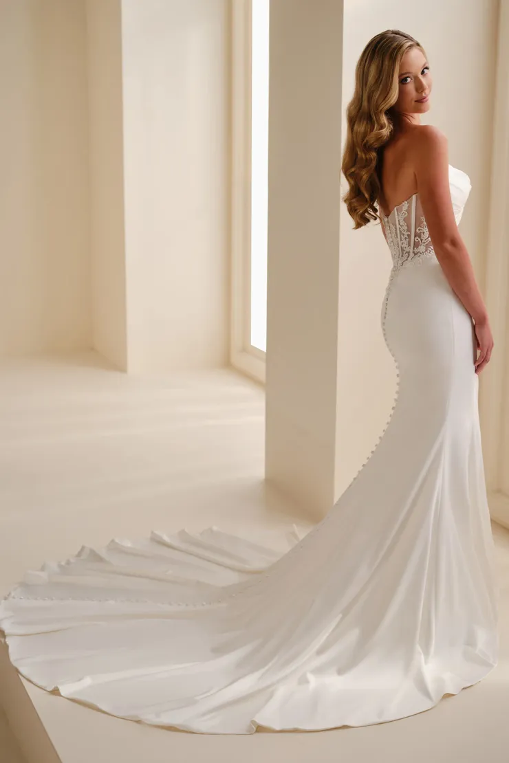 Strapless Satin Mermaid Wedding Dress w/ Semi-Sheer Lace Back Strapless Satin Mermaid Wedding Dress w/ Semi-Sheer Lace Back