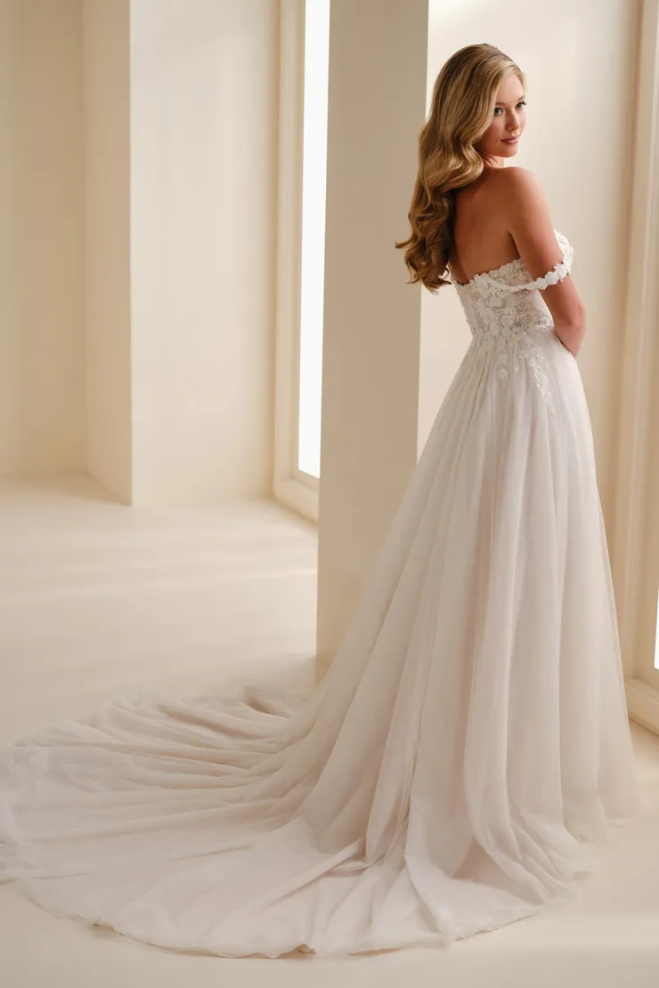 A-Line Wedding Dress w/ Floral Draped Straps Style No. E628 #2 default Ivory/Sand backface vertical picture
