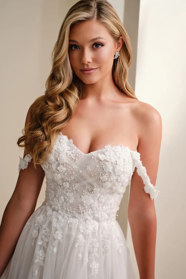A-Line Wedding Dress w/ Floral Draped Straps Style No. E628 #3 Ivory/Sand frontface vertical cropped picture