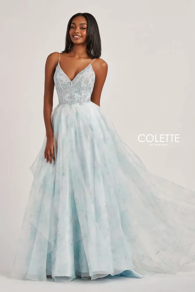 A-Line Prom Gown w/ Sweetheart Neckline & a Subtle Floral Print
