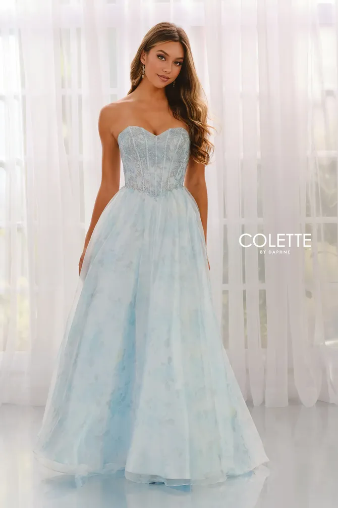 Strapless A-Line Prom Dress w/ Semi-Sheer Corset Bodice