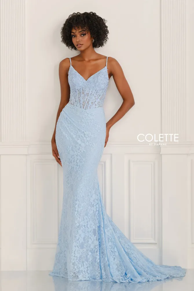 Floral Lace Mermaid Gown w/ Lace-up Corset & Ruching