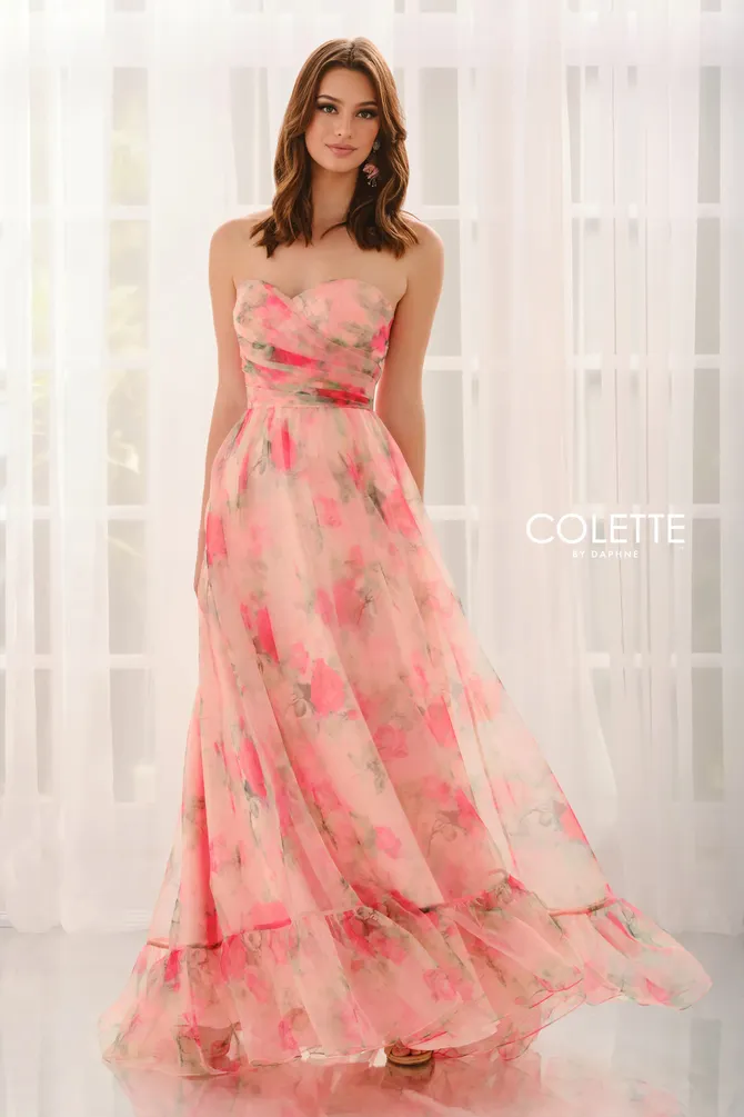 Strapless Floral A-Line Gown w/ Airy Organza