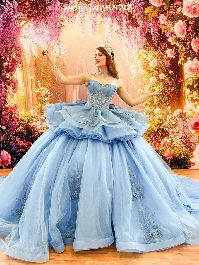 15 dress Amarra 54226 Floral Quinceanera Dress Off the Shoulder Bow Ballgown Train Crystals Corset 18 / Sky Blue main image 0