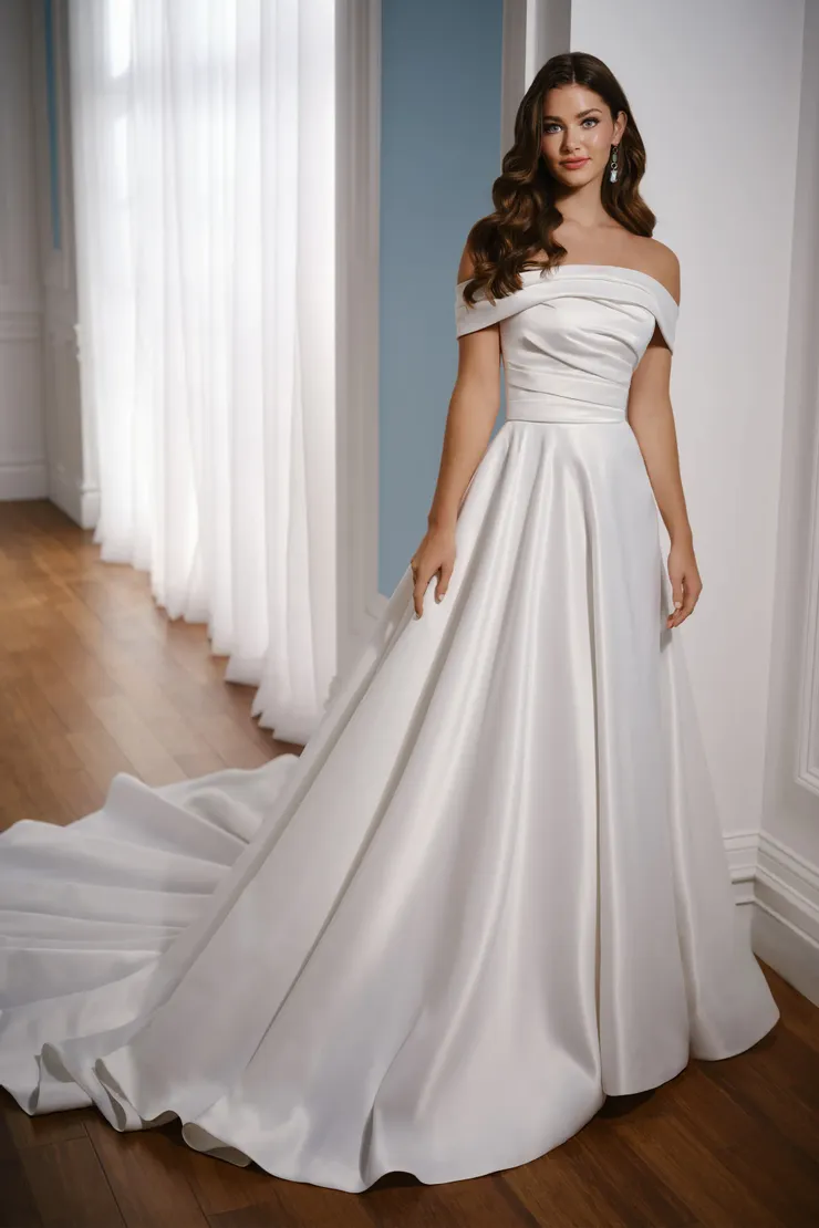 Austen Strapless Satin Ball Gown w/ Chic Wrap Collar