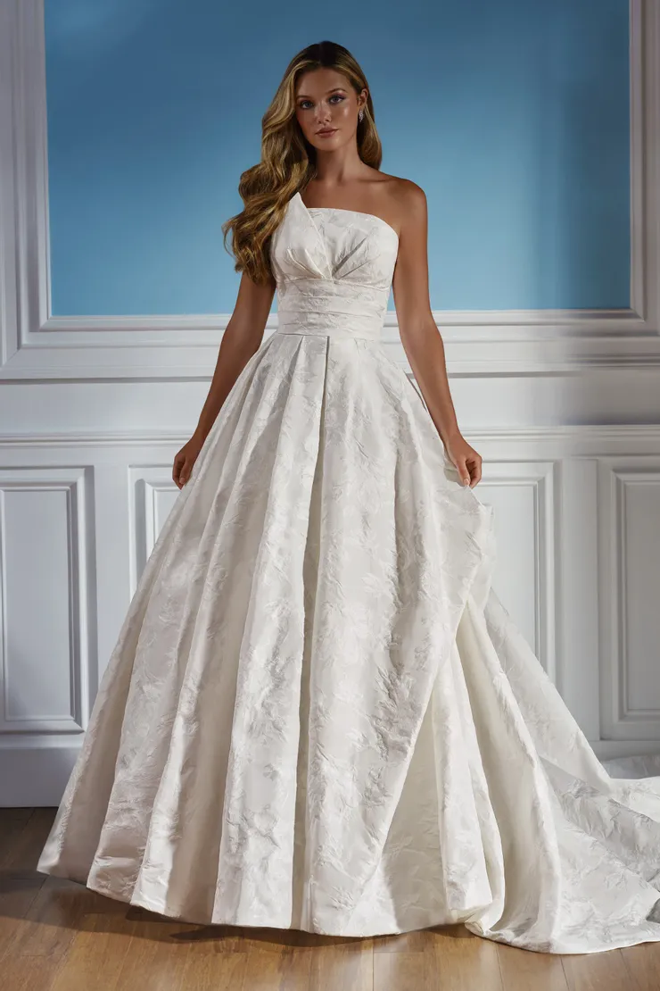 Linden Strapless Brocade Ball Gown w/ Asymmetrical Neckline