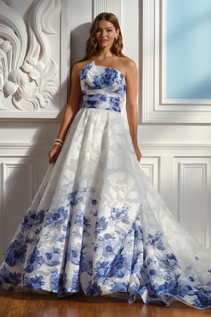 Linden Asymmetrical Strapless Organza Ballgown w/ Blue Flowers