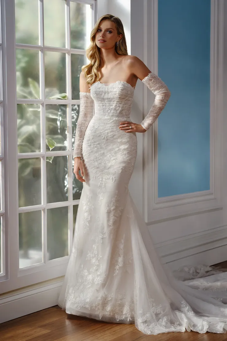 Hayden Delicate Strapless Fit &amp; Flare Wedding Dress w/ Floral Lace