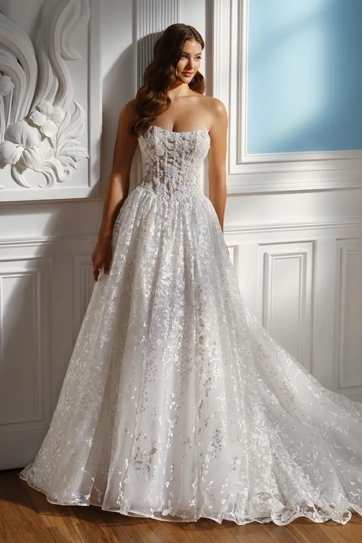 Kadence Strapless Floral  Ball Gown w/ Curved Neckline &amp; Sheer Details