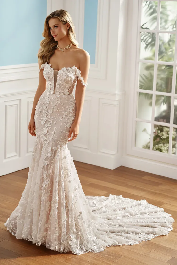 Keira Floral Off-the-Shoulder Wedding Gown w/ Plunging Illusion Neckline