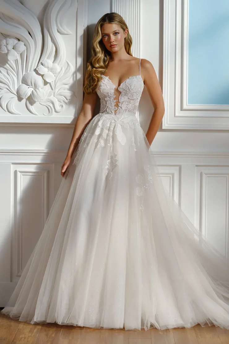 Aubrey Floral Ball Gown w/ Soft Plunging Illusion Neckline