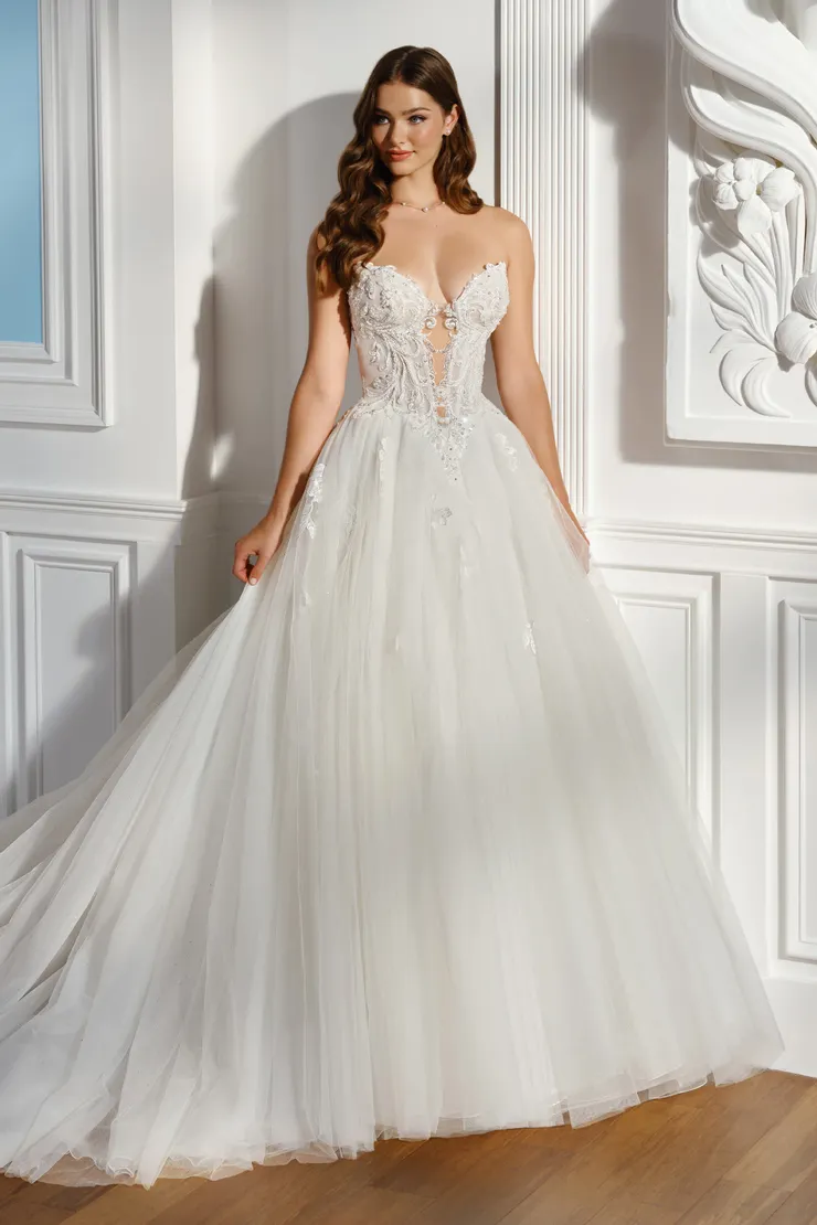 Ridley Romantic Strapless Sweetheart Ball Gown w/ Plunging Illusion Neckline