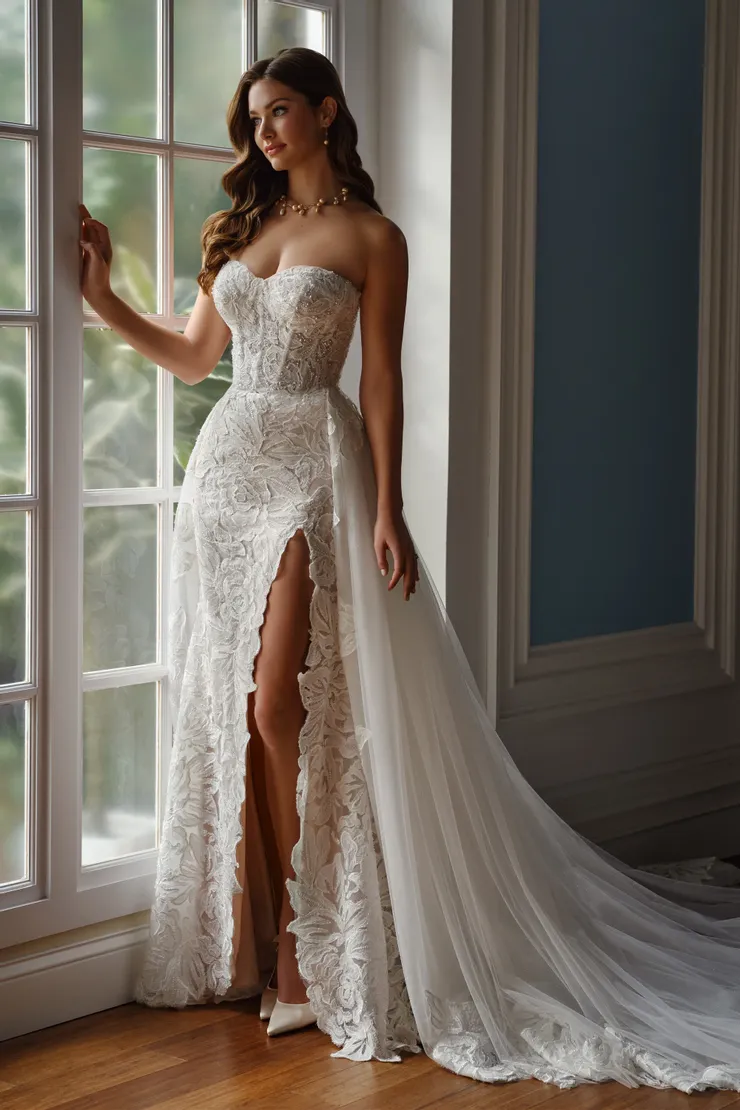 Turner Strapless Lace Fit &amp; Flare Wedding Gown w/ Detachable Train