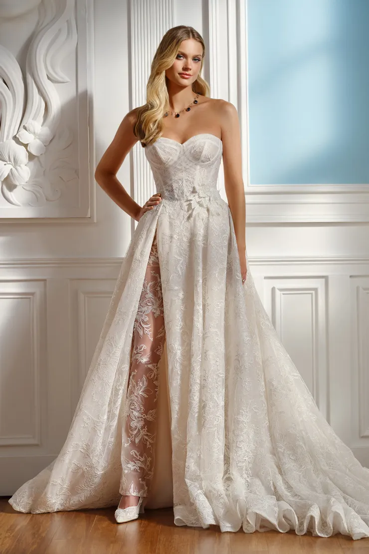 Sloan Strapless A-Line Wedding Dress w/ Daring Slit &amp; Lace Pants