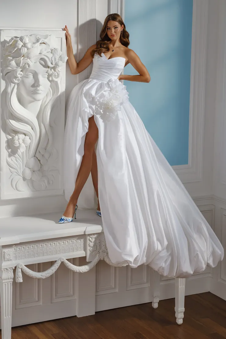 Farren Sleek Ball Gown w/ 3D Flowers &amp; Daring Slit