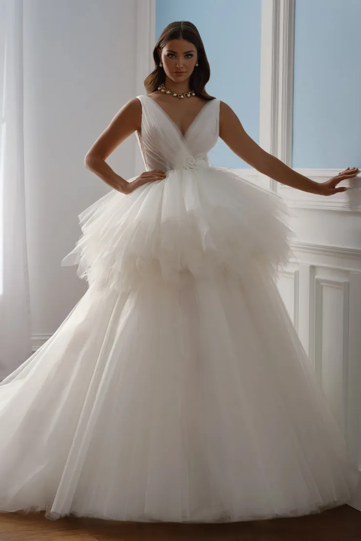 Hart Sleeveless Double Skirt Ball Gown w/ Illusion Neckline