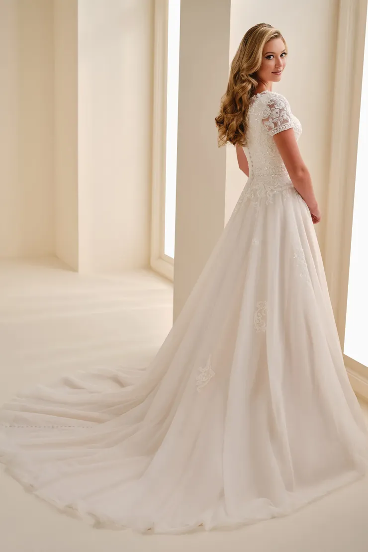 Lace Jewel Neck A-Line Gown w/ Sequins #MOD341 #2 default Ivory/Almond backface vertical picture
