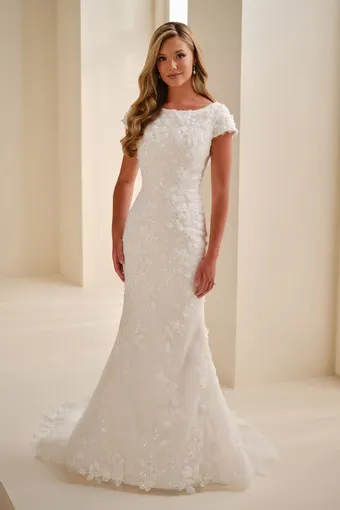 Jewel Neck Fit & Flare Gown w/ 3D Flowers #MOD345 $0 default Ivory/Petal frontface vertical thumbnail