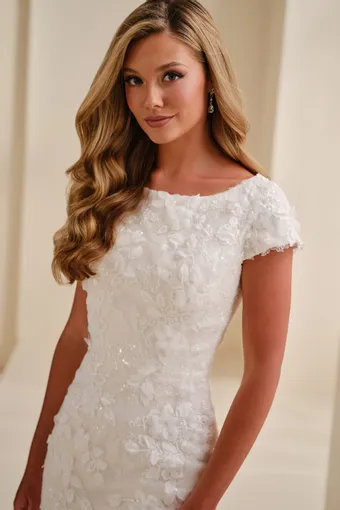 Jewel Neck Fit & Flare Gown w/ 3D Flowers #MOD345 $3 Ivory/Petal frontface vertical cropped thumbnail