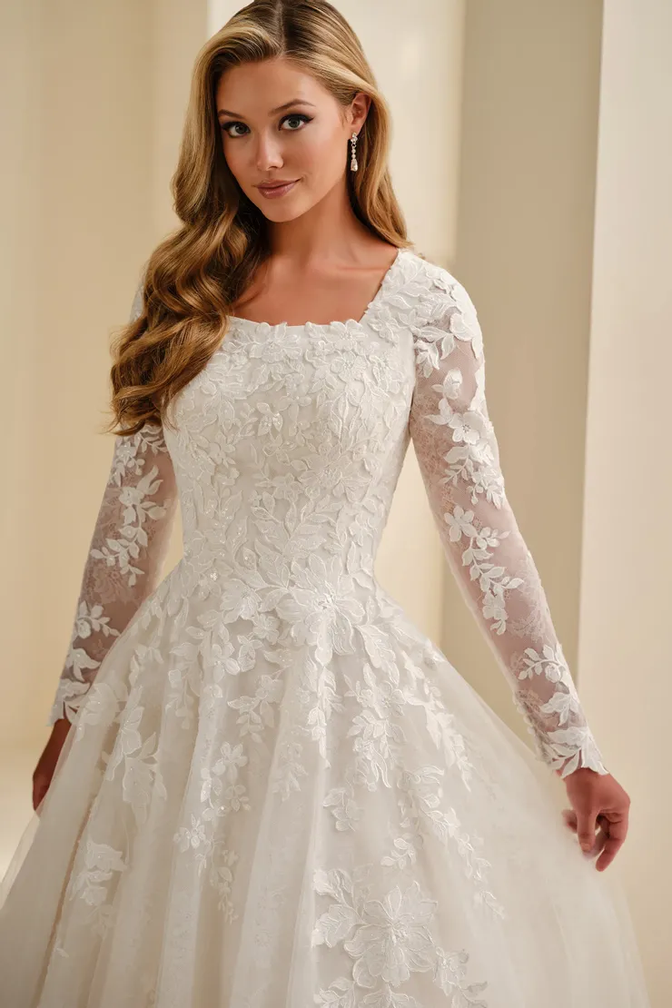 Queen Anne A-Line Wedding Gown w/ Tulle Skirt #MOD346 #3 Ivory/Sand frontface vertical cropped picture