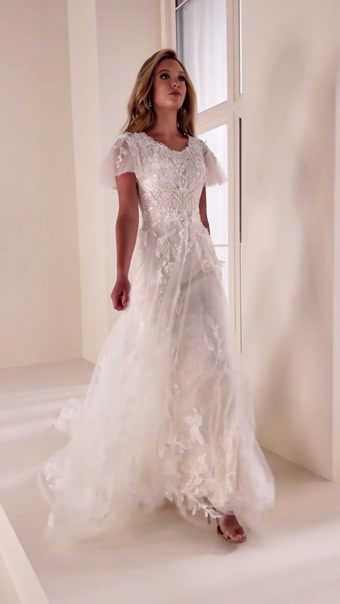 Scoop Lace A-Line Gown w/ Flutter Sleeves #MOD342 $1 autoplay loop mute thumbnail