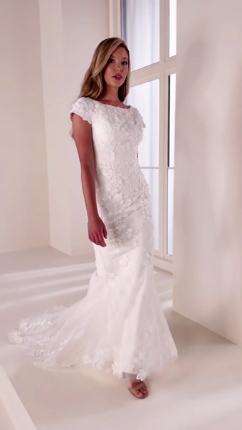 Jewel Neck Fit & Flare Gown w/ 3D Flowers #MOD345 $1 autoplay loop mute thumbnail