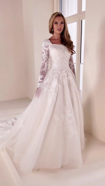 Queen Anne A-Line Wedding Gown w/ Tulle Skirt #MOD346 $1 autoplay loop mute thumbnail