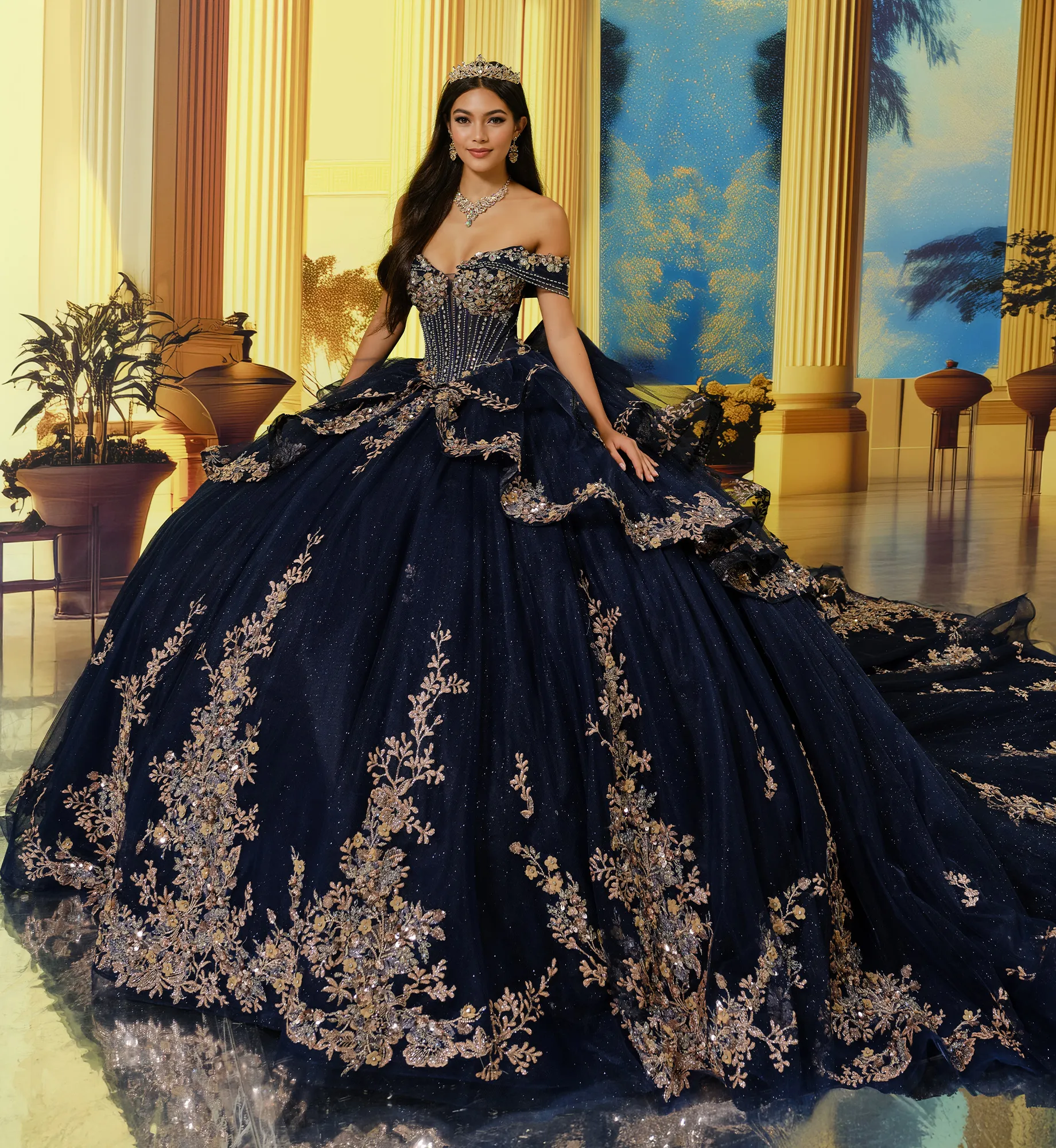 open lace back dress Quinceanera Dresses Off The Shoulder Ball Gown Gold Floral Appliques H –  formalgowns main image 1