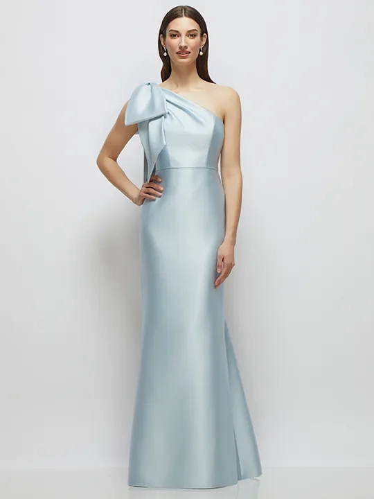 alfred sung one shoulder dress Alfred Sung One-Shoulder Satin Gown with Draped Front Slit and Pockets