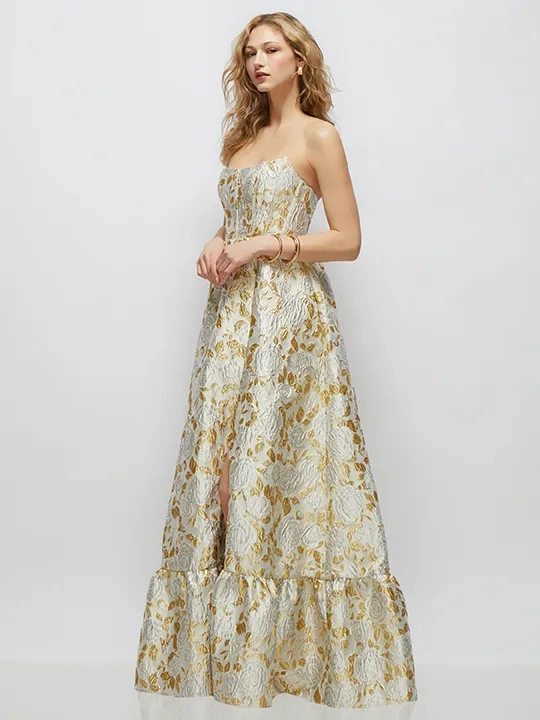 gold floral bridesmaid dresses Dessy Collection 3152GLB Web Collection: Award Season ONLY Dropped Waist Shirred COLOR:INDIGO Back Zip Sleeve Length
